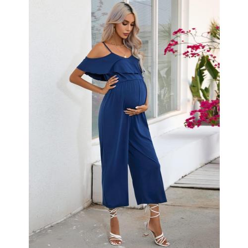 Size 1XL FUNJULY Maternity Jumpsuit Women's V Neck Short Sleeve Casual Jumpsuit High Waist Nursing Romper with Belt