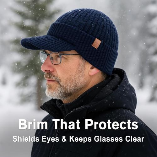 TOP-EX PolarWool™ 100% Merino Wool Winter Hat for Men Fleece Lined Visor Beanie with Brim Outdoor Knit Cap for Cold Weather