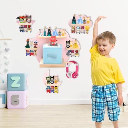 for Toniebox 2/1 Tonie Shelf Wall Mounted Set,Tonies Figures Tonies Storage,Magnetic Wooden Floating Shelves Compatible with Tonie Box Player Character for Children Room(Pink-Set)