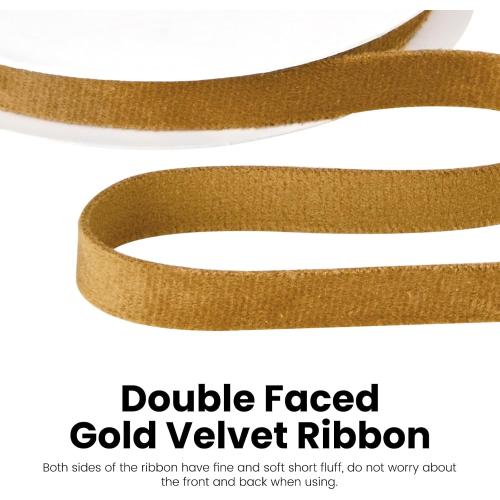 Antique Gold Velvet Ribbon, Double Faced 3/8 Inch 10-Yard Ribbon for Christmas Tree, Gift Wrapping, Bow Making, Handmade Crafts, Wreath Decoration