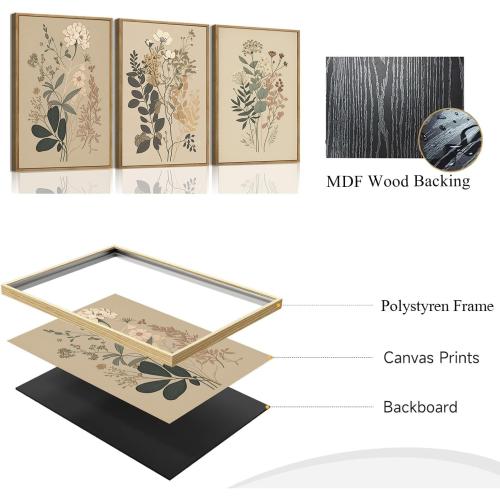Vintage 3 Piece Floral Canvas Wall Art Framed Wildflower Wall Decor | Neutral Farmhouse Botanical Wall Painting Modern Floral Art Prints For Living Room Bedroom Office 16x24inch