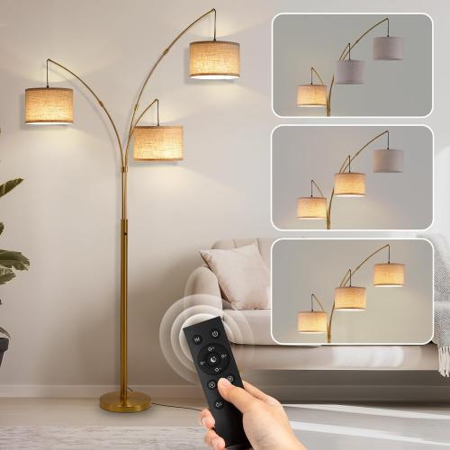 Gold Floor Lamps for Living Room, Super Bright Arc Floor Lamp with Remote Control, 3 Light Tall Floor Lamps with Stepless Dimmable, 80 Mid Century Tree Floor Lamp for Bedroom, Office