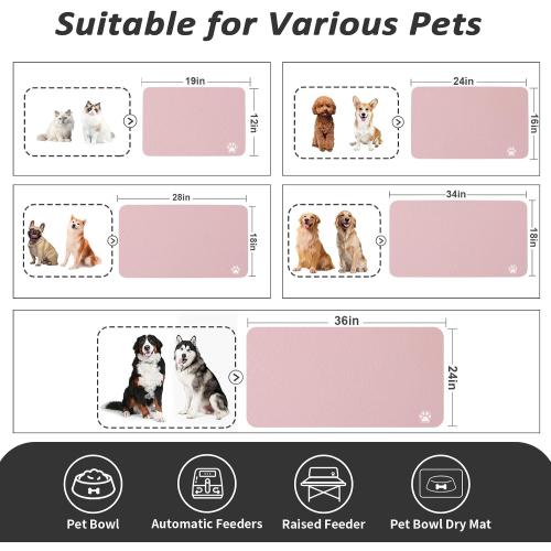 HotLive Dog Food Mat - Absorbent Cat Mat for Food and Water, No Stains Pet Feeding Bowl Mat, Easy to Clean Pet Placemats, Quick Dry Dog Water Dispenser Mat for Messy Drinkers | Paw Pink 24x36