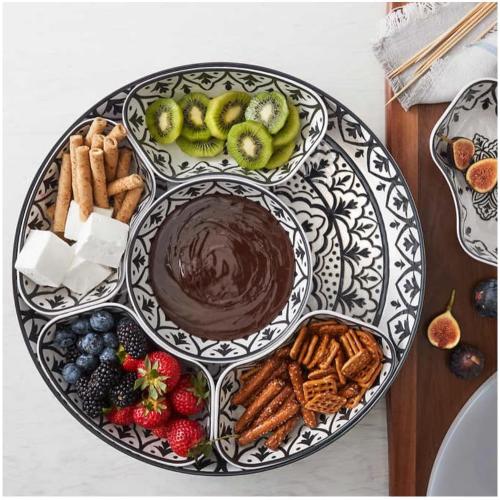 Lazy Susan Large 7 piece Serveware Set with Lid for Dining and Party - Condiment Salad Chips Nachos Pita or Taco Preperation Set - Cheese Platter (1, Black 7- piece Serving Set)