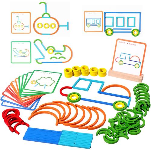 142pcs Wooden Pattern Blocks Montessori Smart Sticks Wooden Tangram Puzzle STEM Toy Activities Preschool Brain Teaser Montessori Toys Gift for 3 4 5 Years Old Kids Boys Girls