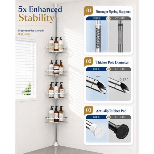 Rustproof Shower Corner Caddy Organizer for Bathroom, 4 Adjustable Shelves with Tension Pole, for Bathtub Shampoo Accessories Storage Holder, 34 to 116 Inch Height, Silver