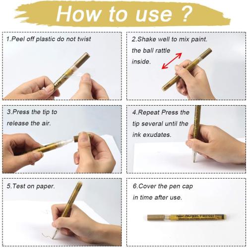 Paint Pen Gold Silver Metallic Permanent Acrylic Markers Set for Fabric Glass Rock Wooden Ceramic Leather Tire Painting, 0.7mm Extra Fine Tip (3pcs Gold 3pcs Silver)