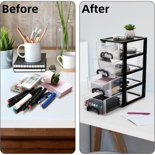 Desktop Organizer with 4 Drawers, Clear Plastic Storage Drawer Unit, Small Desk Organizer Storage Box, Durable Storage Bin Container Case for Countertop Stationery Pens Makeup Office Supplies
