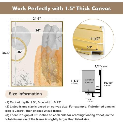 Floater Frame for 36x36 Canvas Paintings, DIY Metal Floating Frame with 1.5” Deep for Artists Designers Landscape Portrait Artwork, Modern Home Office Wall Decor (Gold)