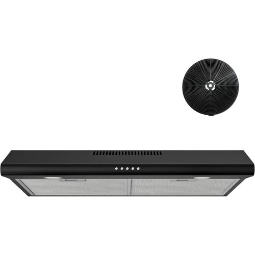 FIREGAS Size  30 Inch Black Under Cabinet Range Hood, Ducted/Ductless Convertible Kitchen Vent Hood with LED Light, 3-Speed Exhaust Fan, Push Button Control, Slim Stove Hood for Modern Kitchen
