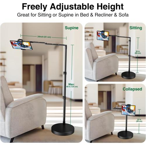 elitehood Adjustable Tablet Floor Stand with Heavy Duty Base, 24in Horizontal Long Arm iPad Floor Stand Holder for Bed Recliner Sofa, Compatible with iPad mini Air Pro 13/12.9 and 4.7-13in Devices