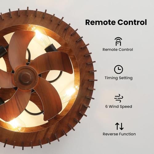 20 Flush Mount Ceiling Fan with Light, Wooden Caged Low Profile Fandelier with Remote, 6-Speed Reversible Bladeless Fan, Farmhouse Ceiling Fan for Bedroom, Kitchen, Living Room