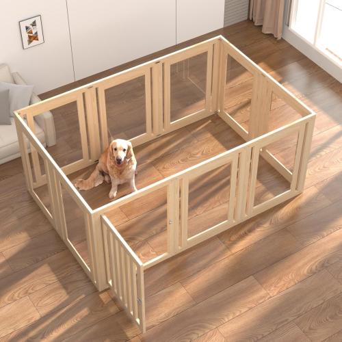 10 Panels Dog Playpen with Door, 23.6 H Pet Playpen Indoor, Clear Acrylic Puppy Playpens, Wooden Puppy Fence with Gate, Transparent Dog Pens, Pet Pen Indoor for Dogs, Cats, Rabbit (Wood)