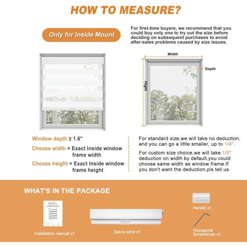 Persilux No Drill No Tools Custom Size Zebra Blind Dual Layer Privacy for Day and Night Window Blinds Light Filtering Cordless Windows Shades for Windows,Easy to Install Thermal Insulated Blinds,White