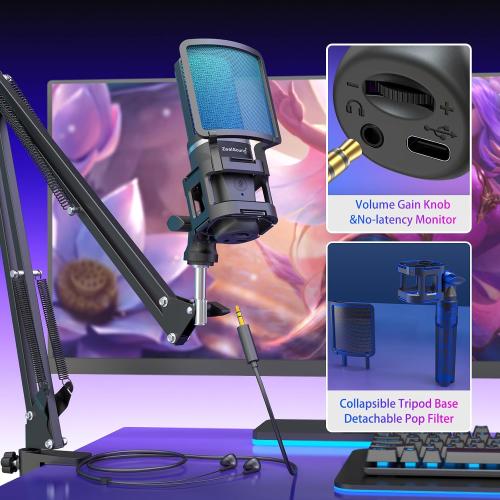 BLACK ZealSound Gaming USB Microphone,Noise Cancellation Condenser mic,RGB Microphone with Mute,Gain,Monitoring,Boom Arm,Pop Filter for Phone,PC,Computer,PS4,PS5,Mac,Streaming,Podcast,Twitch,YouTube,Discord