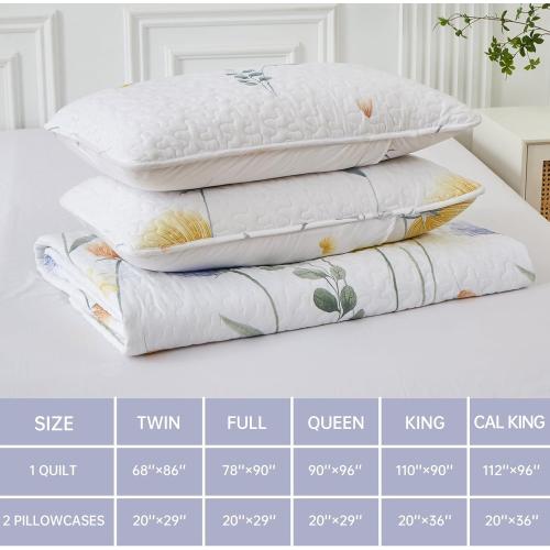 Dinjoy Floral Quilt Set Queen 3 Pieces Blue & Yellow Quilts Bedding Set Bohemian Bedspread Bed Cover Lightweight Spring Summer Beds Coverlet for All Season(96x90)