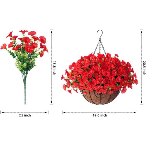 HyeFlora Artificial Fake Hanging Flowers for Outdoors Baskets Spring Decor, Faux Hanging Plants Outside Silk Morning Glory in Planter Look Real UV Resistant for Outdoor Porch Patio Garden Home, Red