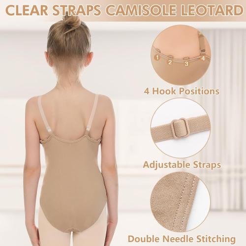 Girls Nude Leotard Seamless Camisole Leotards Undergarment for Ballet Dance Gymnastics with Adjustable Clear Straps