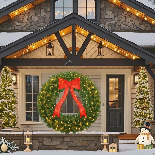 VINCONLIDY 48in Prelit Christmas Wreath - Large Outdoor Christmas Wreath with Lighted Red Christmas Bow, Metal Hook, 714 Branch Tips & 250 Multicolor LED Lights for Front Door Window Holidy Decor
