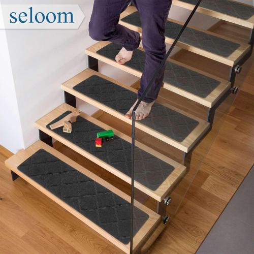 DARK GREY Seloom Upgraded 9 x 36 Stair Treads for Wooden Steps- Carpet Non-Slip with Non Skid Backing Specialized for Indoor Steps, Removable Washable Step Runners Perfect for Dogs(Grey,15-Pack, Dimand)