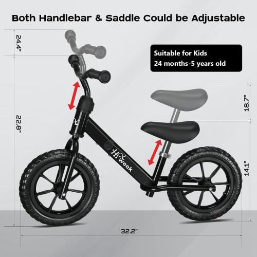 Size 12 Color Black Toddler Balance Bike 12” No Pedal Training Bicycle for Kids 24 Months to 5 Years Tool-Free Adjustments Seat and Handlebar Best Gift for 2-5 Boys Girls
