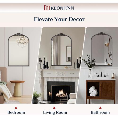 Keonjinn Antique Arched Mirror - 24 x 36, Black Vintage Wall Mirror with Metal Frame, Baroque Arch Design, Decorative for Mantle, Bathroom, Living Room, Hallway, Fireplace
