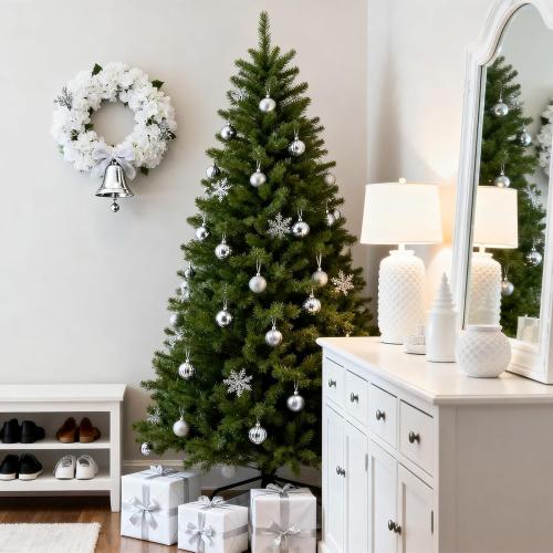 6FT Pre-Lit Christmas Tree in New Growth Green, Artificial Hinged Pine Tree with 956 Brach Tips Prelighted Durable Metal Stand