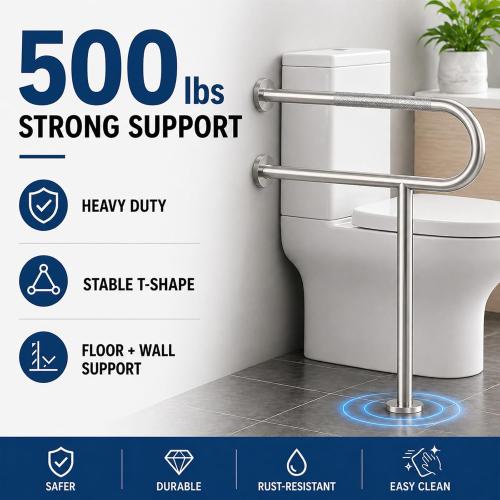 Toilet Grab Bar with Leg, Floor Mounted Knurled Safety Rail, Heavy Duty Brushed Nickel Stainless Steel Support Handle, Bathroom Stand Assist, Non-Slip Mobility Aid for Elderly, Disabled, 31 Inch