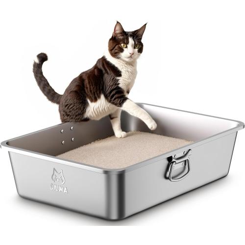 Stainless Steel Litter Box with Handle, Large Metal Cat Litter Box with High Sided for Big and Small Cats, Kitty Litter Boxes, Non-Stick, Easy to Clean, Odor-Free, Cat Toilet，Litterbox