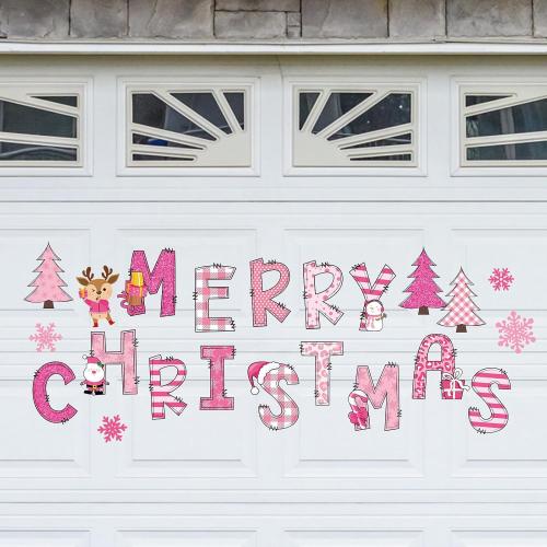Whaline 22Pcs Merry Christmas Garage Door Magnets Decoration Pink Xmas Tree Santa Snowflake Garage Door Decals Cartoon Magnetic Refrigerator Stickers for Outdoor Party Home Car