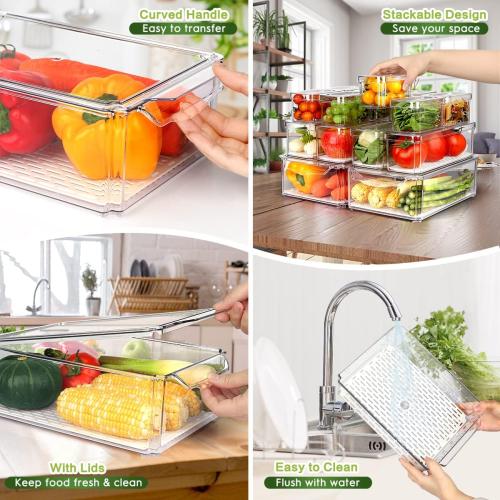 14 Pack Fridge Organizer, Stackable Refrigerator Organizer Bins with Lids, BPA-Free Fridge Organizers and Storage Containers for Fruit, Vegetable, Food, Drinks, Cereals, Clear
