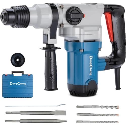 Dong Cheng 1-1/8 Inch SDS-Plus Rotary Hammer Drill with Safety Clutch, 9.2 Amp Heavy Duty Corded Demolition Hammer for Concrete, 3.6 Joules, Including 3 Drill Bits, Flat Chisels and Point Chisels