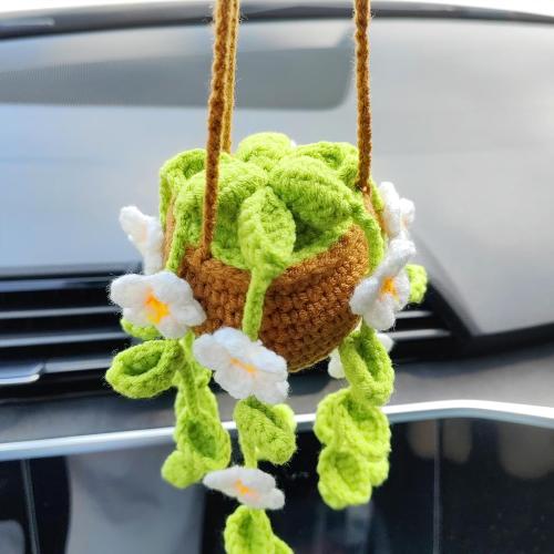 Potted Plants Crochet Rear View Mirror Accessories, Hand Crocheted (Glue Free) Safe Car Hanging Ornament, Cute Car Accessories for Women Interior