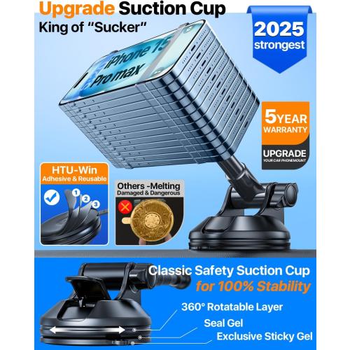 HTU 2025 Upgraded for Magsafe Car Mount [80LBS Strongest Suction & Military-Grade] Powerful Magnetic Cell Phone Holder for Car Dashboard Windshield for iPhone 16 15 14 Pro Max Mini (Black)