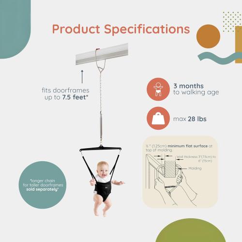 Jolly Jumper Iconic (Black), Doorway Baby Jumper, Indoor Exercise Saddle Seat, Adjustable Height, for Infants up to 28lbs, No Stand Required