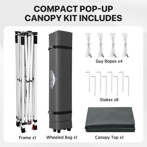 EAGLE PEAK 6.6x6.6 Pop Up Canopy Tent Easy Up Canopy Outdoor, Gray | Patented PeakPush™ Center Lock, 1 Person Setup Portable Pop Up Tent, Beach, Markets, Camping Sport Events, Wheeled Carry Bag