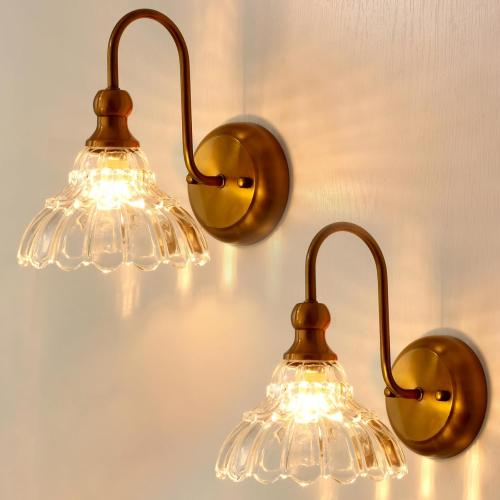 lobolighting Vintage Wall Sconce Set of 2 with Glass Shade Brass Sconces Gold Bathroom Vanity Light Fixtures Modern Wall Lighting Fixture for Bedroom Bedside Door Header