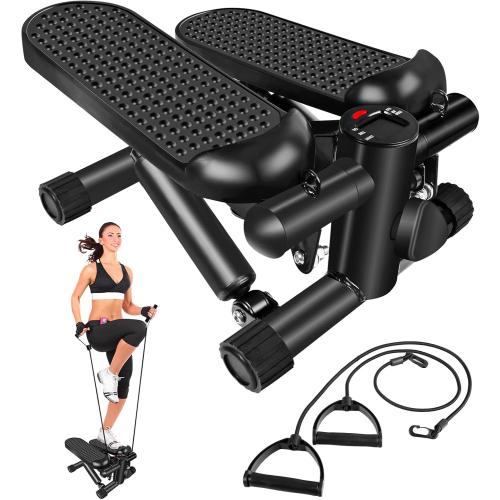 Black Hydraulic Fitness Stepper with LCD Monitor - Mini Stepper with 300LBS Loading Capacity and Resistance Bands