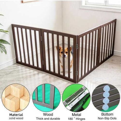 Dog Gate Indoor, Freestanding Dog Fence for The House, Doorways, Hallways,or Stairs,Pet Gate Foldable Wooden,Expandable 32 Height 4 Panels,Brown