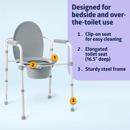 Medline 3-in-1 Elongated Bedside Commode, Portable Toilet, Sturdy, 16 to 22 Seat Height, 16.5 Seat, 7.5 Qt. Bucket, 350-lb. Capacity, Steel ❗MAY HAVE MISSING PIECES❗