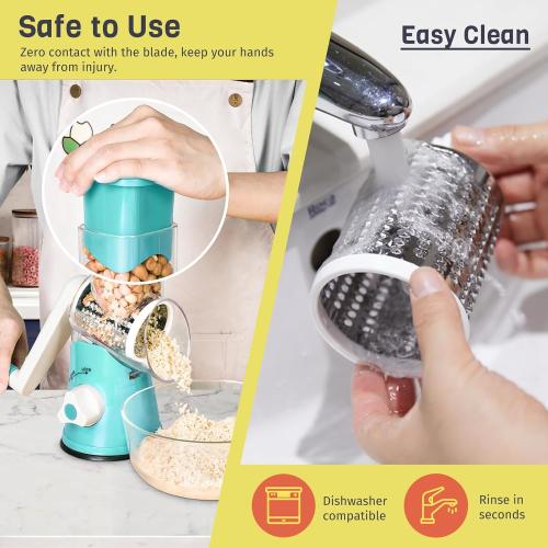 Blue X Home Rotary Cheese Grater for Kitchen, Shredder with 3 Interchangeable Blades, Rotary Grater with Handle and Strong Suction Base, for Vegetables, Fruit, Nuts, Easy to Use and Clean, Blue