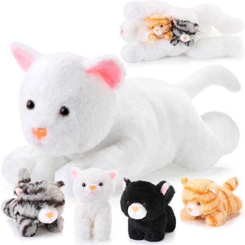 Skylety 5 Pieces Cat Stuffed Animal with Babies Inside,White | Pregnant Mommy Kitty Holds 4 Babies Inside Belly Zipper, Soft Plush Surprise Gift for Birthdays Christmas, Fluffy Toy Set