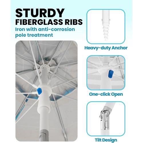 OutdoorMaster Beach Umbrellas for Sand with Sandbag & Anchor, 6.5ft Adjustable Umbrella for Beach Heavy Duty Wind, Portable UPF50  Sunshade with Carry Bag for Patio, Blue Red Striped