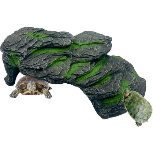 Grey & Green Resin Turtle Basking Platform,Turtles Rock Dock Climbing Ramp Cave Hideout Decor Reptile Terrariums Resting Terrace Stone Habitat Decoration for Small Lizards, Frogs, Snakes,Chameleon