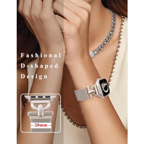 Stainless Steel Magnetic Loop Compatible with Apple Watch Band 38mm 40mm 41mm 42mm Women Metal Mesh D-shaped Clasp Strap for iWatch SE Series 10/9/8/7/6/5/4/3/2/1/Ultra(1/2) Starlight