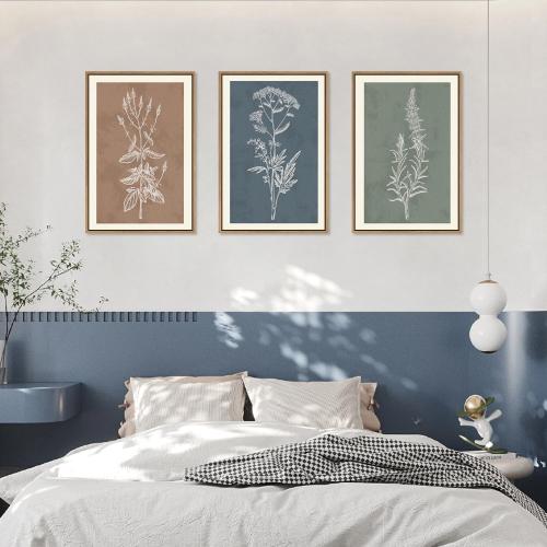 HLNIUC Neutral Botanical Framed Wall Art Set, Boho Minimalist Plant Canvas Wall Decor, Vintage Leaf Wall Painting, Nature Floral Silhouette Art Print for Bedroom, Living Room, Study - 16”x24”x3