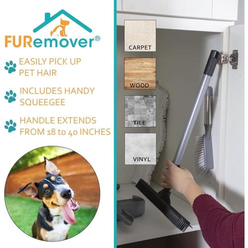 FURemover Compact Pet Hair Rubber Broom with Squeegee, with Handle That Telescopes up to 40 for Carpet, Tile and Hardwood