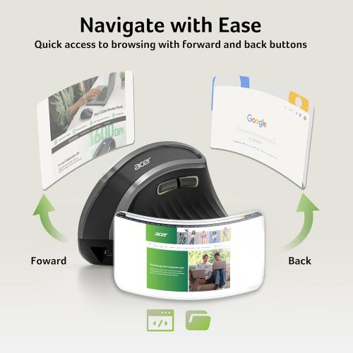 acer Ergonomic Mouse Wireless, Vertical Computer Mouse for Office, Ergo Mice Rechargeable for Medium to Large Sized Hands, 2.4GHz USB Receiver, 800/1200/1600 DPI, 6 Buttons for Laptop, PC and Desktop