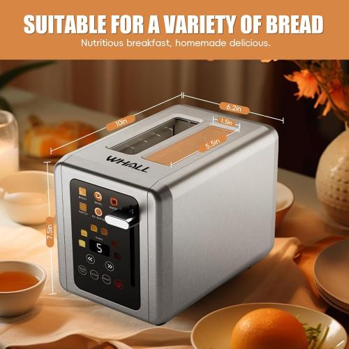 WHALL Touch Screen Toaster 2 Slice, Stainless Steel Digital Timer Toasters with Sound Function, Smart Extra Wide Slots Toaster with Bagel, Cancel, Defrost (silver)