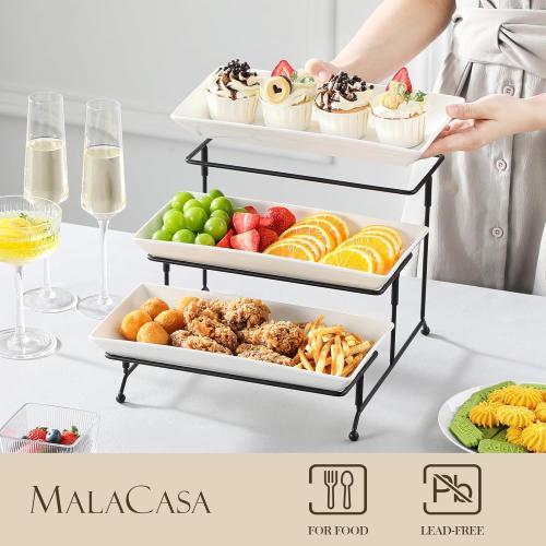 MALACASA 3 Tier Serving Trays for Party, Porcelain Serving Platters and Trays, 12 Inch Tiered Tray Stand, Fruit Tray, Trays for Serving Food, White Dessert Stand with Collapsible Sturdier Metal Rack